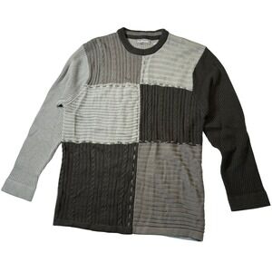 Outlooks Womens XL Patchwork Cable Knit Sweater Gray Colorblock Crewneck Grunge